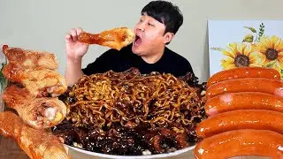 MUKBANG | Хрустящая курица, лапша из черных бобов, рецепт корейской кухни. Едим!!
