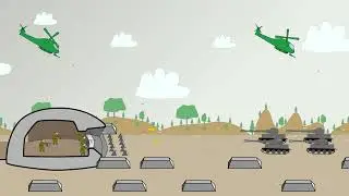 machine-gun soldiers and helicopters defended bunkers against German Tiger tank attacks