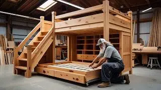 70 Year Old Worker Turn Raw Wood Into Masterpiece. The Process of Crafting Beautiful Double Bunk Bed