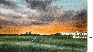 The light & atmosphere of watercolor, paint a scene of a man watching the sunset with his dog