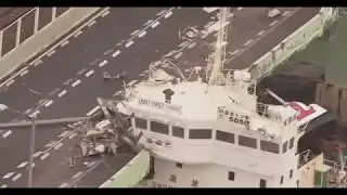 Typhoon Jebi in Japan, ship on bridge, storm surge, high waves,  strong winds damage, Osaka, Kochi