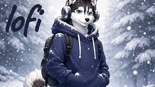 Lofi Husky in a Heavy Hoodie Listening to Music as Snow Falls Quietly Around Them