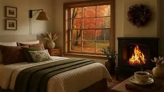 Cozy Fall Bedroom Fireplace Ambience | Peaceful Autumn Morning with Crackling Fire 🍂🔥☕