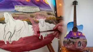 Painting Landscape on Guitar / Handpainted Custom Guitar Art