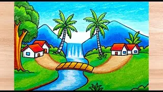 How to draw a waterfall scene in a village with a very beautiful mountain view
