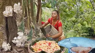 Life in jungle, Wild bamboo shoot cooking with mushroom, Fish egg soup tasty with water spinach