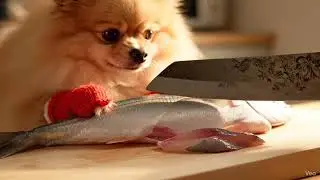 🐟 AI Pomeranian ASMR | Catching Yellowtail & Slicing Sashimi 🐶🍣