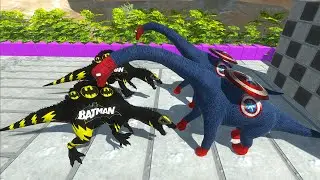 2X BATMAN SPINO vs 2X CAPTAIN AMERICA BRACHIOSAURUS vs FLASH GORO - Animal Revolt Battle Simulator