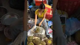 Beautiful Durian Cutting Pose with A Beautiful Smile - Thai Street Food