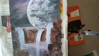 Pastel and Acrylic mixed media painting of waterfalls and moon. Fantasy art.