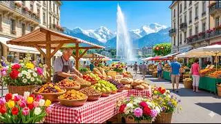 MORNING WALKING TOUR IN GENEVA & ORGANIC FARMERS MARKET | SWITZERLAND IN 4K 🇨🇭