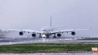 [CAUTION, WET RUNWAY!!] Qatar Airways 340-600 landing Barcelona-El Prat