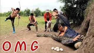Group of Brave Hunters With Pitbull Dog Confronting Giant Pythons Rescuing Boys.