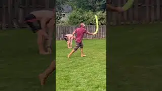 Chicken game - dad falls and levels daughter with pool noodle