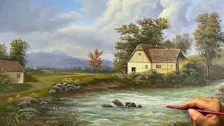 How to Draw Landscape Painting &ldquo;#78&rdquo; / Peaceful Riverside Cottage / Acrylic Painting | LDL ART