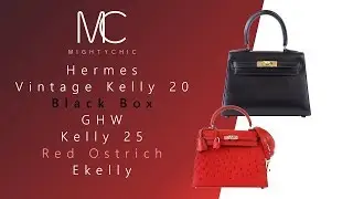 &bull; MIGHTYCHIC &bull; Hermes Vintage Kelly 20 Black Box GHW Hermes Kelly 25 Red Ostrich Ekelly