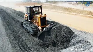 Perfect Action Operation Dozer Komatsu Spreading Gravel Installing Foundation New Roads Construction