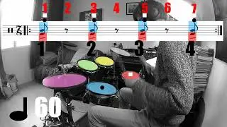 Exercice batterie 7 /8  caisse claire Tom basse croches apprendre la batterie en couleur drumming