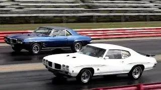 GTO Judge Ram Air III vs Ram Air 400 HO Firebird - 1/4 Mile Drag Race and Burnout - Road Test TV ®