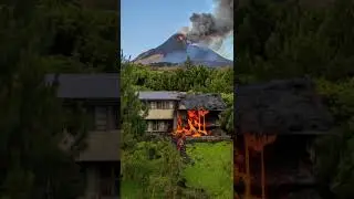 A blazing chunk of lava hit this house near the volcano 🧐