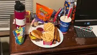 Double Cheeseburger, Fries, Pretzel Sticks, Reese&rsquo;s Blizzard, and Pacific Cooler Capri Sun Juice