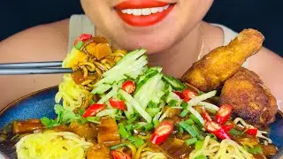 Black bean sauce with noodles and fried chicken, Angkor asmr eating show