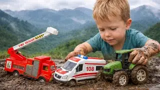 Toy Vehicles in Mud 🚒🚑🚜 | Fire Truck Ambulance Tractor Toys