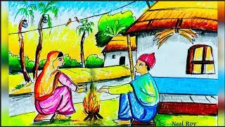 How to draw easy Winter season Drawing/winter Drawing step by step/village winter season Drawing
