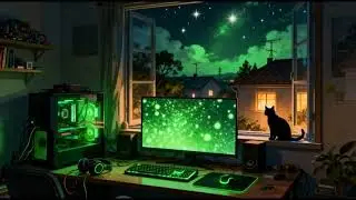 🎮Cozy Anime Gamer&rsquo;s Room Under a Magical Night Sky, Lofi, Chill, Relax, Game, LED light, Green