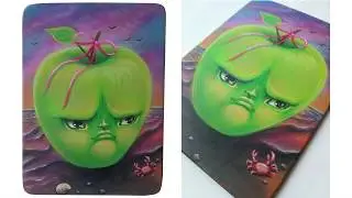 Grumpy Green Apple, acrylic painting time lapse, pop surrealism miniature art #speedpaint #artist