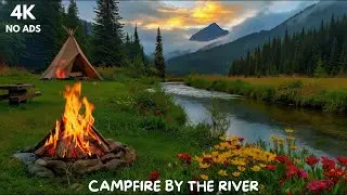 Cozy Campfire by the River 🌲 Mountain Nature Relaxation Video, Quiet Ambiance 4k