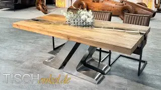 Deep Island mit Anchor Leg &ndash; Moderner Esstisch aus Massivholz mit Edelstahl & Glaseinleger