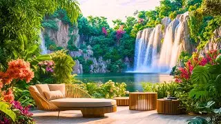 Blissful Summer Mornings: Relaxing Outdoor Terrace with Soothing Waterfall View for Ultimate Healing