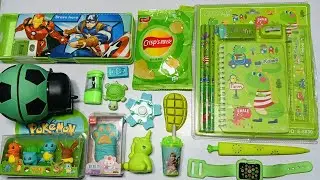 Green colour Premium stationery collection 🤩🥰 Pokemon eraser, watch, sharpener, stationery kit
