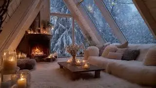 Cozy Winter Lounge Piano Ambience | Fireplace Warmth & Snowfall | Deep Focus Relax Meditation
