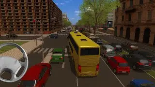 Drive yellow bus on the roads outside the city for the target