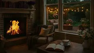 Relaxing Living Room Fireplace Ambience | Crackling Fire, String Lights & Peaceful Garden View