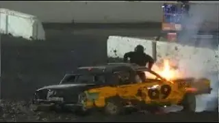 CLOSE CALL FOR THE DRIVER Derby Demolition Orange Team ON FIRE Dirt Oval Route 66 Raceway