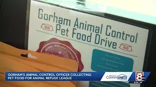 Maine animal control officer collecting pet food donations for local shelter