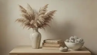 Frame TV Art 4K - Serene Pampas Grass Books Pinecones - Warm Neutral Vibe