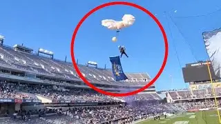 Парашютист попал в защитную сетку на матче Armed Forces Bowl.