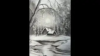 Winter Season Cabin/Cottage Landscape Drawing| Easy Steps for Winter Nature Scenery with Charcoal