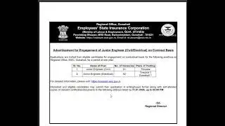 Advertisement for Engagement of Junior Engineer (Civil/Electrical) Regional Office, ESIC, Guwahati