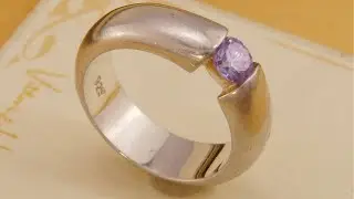 Modernist Pink Zirconia Tension Set Heavy Silver Band Ring, Size L1/2 5.5 51 CZ Cubic Zirconia