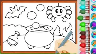 Halloween Coloring Fun! Magic Cauldron, Bat, and Smiling Sun #ColoringGame #KidsColoring #funforkids