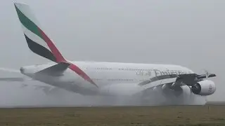 Emirates Airbus A380 Landing at Foggy Amsterdam! Amazing Water Spray!