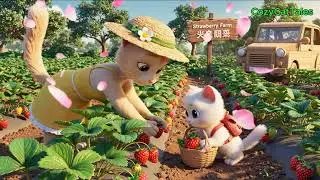 The cat family goes strawberry picking.