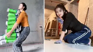 Female Tile Installer Mulan: Cutting, Laying, and Fitting Tiles at a Construction Site