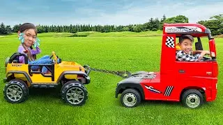Eric and Charlotte Pretend Play Ride on Car Driving School | Kids Learn to Drive