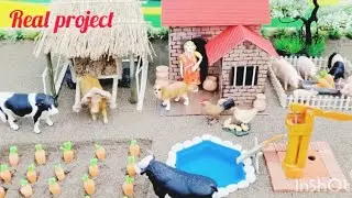 Making the mini farm with house for cows and big hand pump